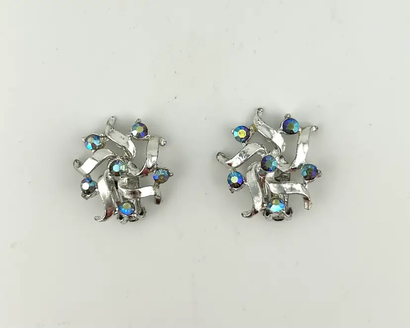 Vintage Silver Tone Blue AB Rhinestone Clip-on Earrings 1β