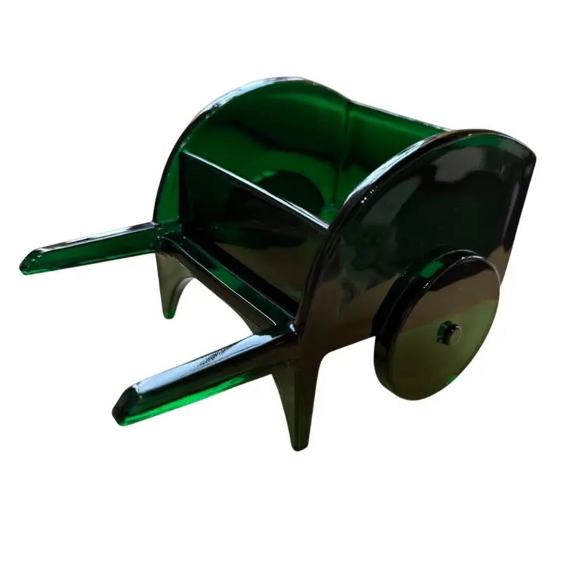 Martinsville (later Viking Glass) green glass wheelbarrow planter, candy dish, or flower cart