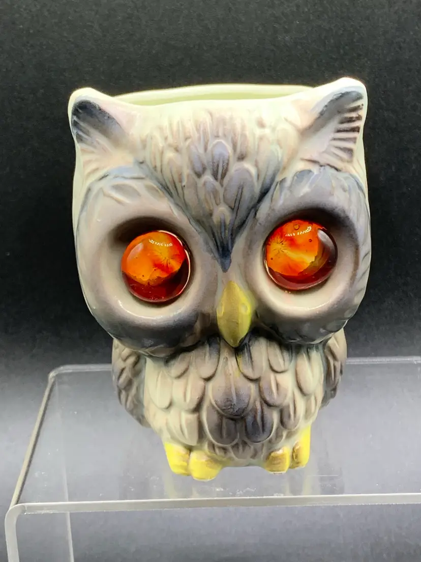 MCM Ceramic OWL Head vase With GLASS EYES, Tea light Candle. Vintage