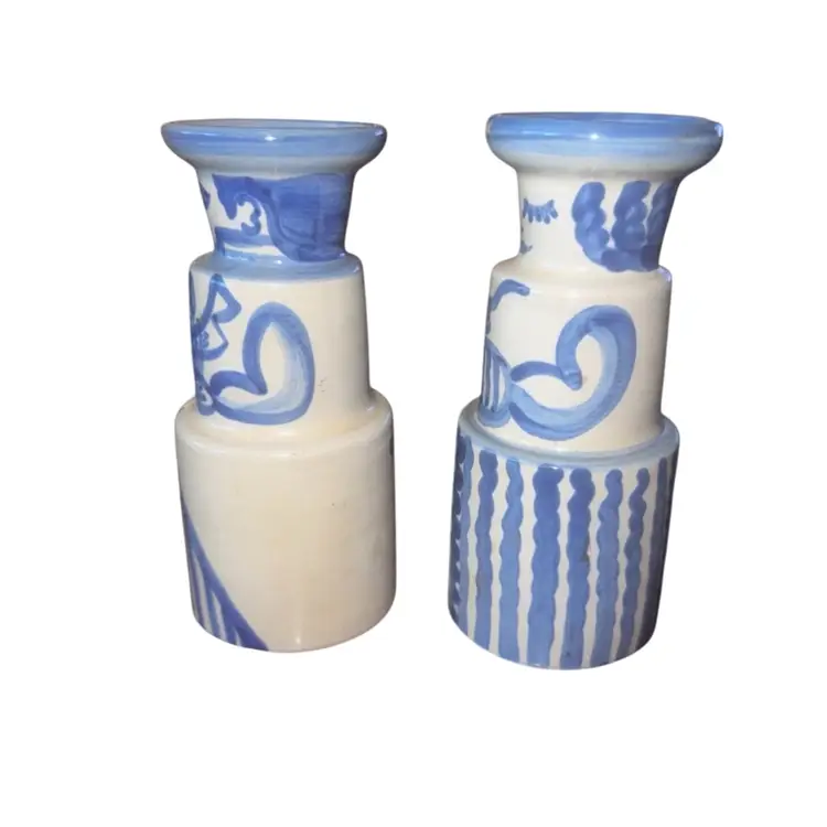 M.A.  Hadley Pottery Stoneware Bride & Groom Candlestick Holder Pair