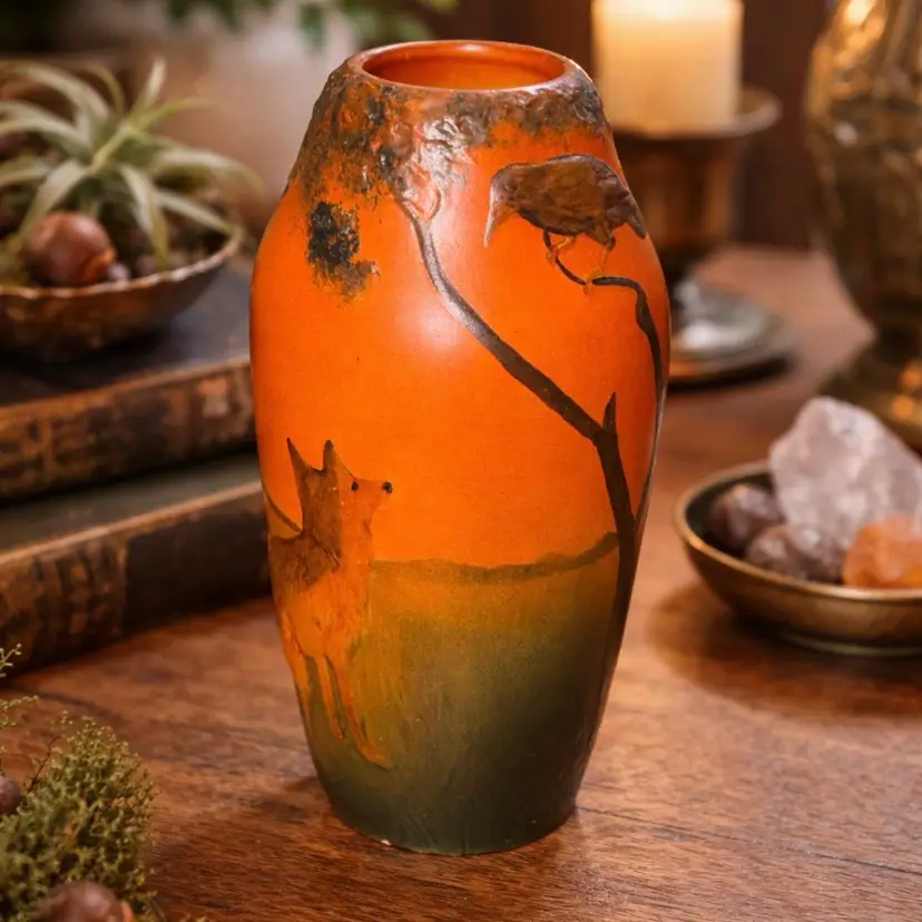 1920’s P. Ipsens Enke Danish Art Nouveau Aesop’s Fables Fox & Crow Vase 7”