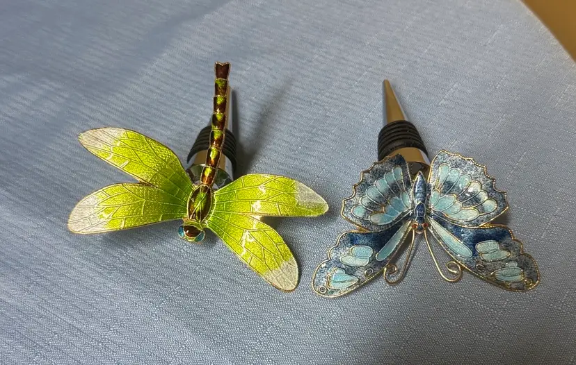 Enameled Wine Bottle Stoppers Butterfly & Dragonfly Set of 2