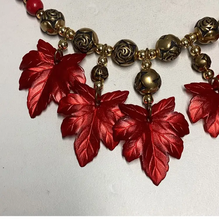 Red & Gold Beaded Leaf Necklace 20” & Earrings 1”