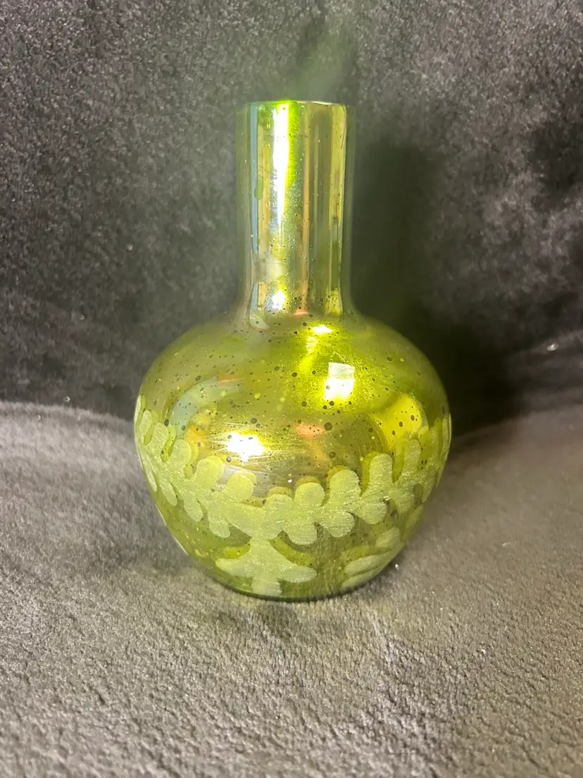 Pottery Barn  Green Etched Antiqued Mercury Hand blown Glass Vase