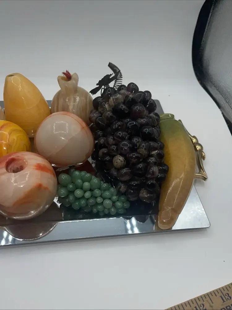Vintage Alabaster Marble Stone Fruit Amethyst Grapes Bananas 11 Pieces Plus Tray