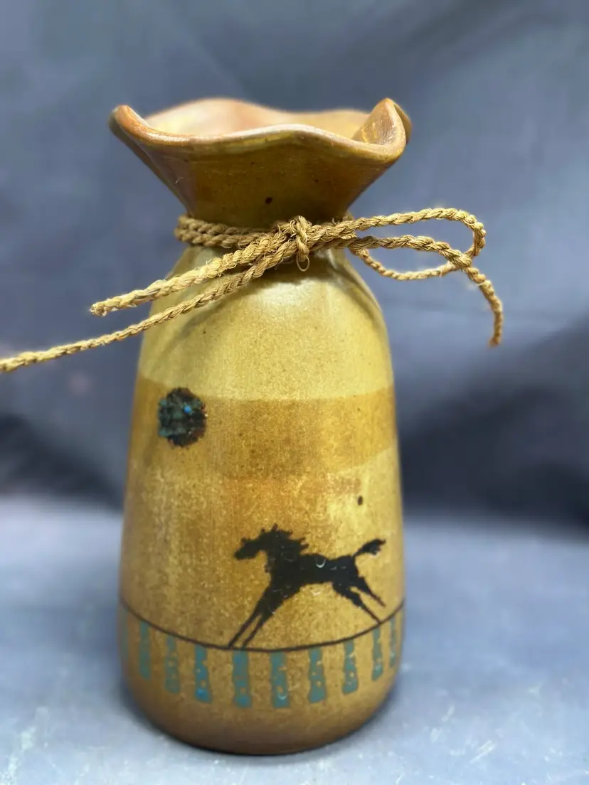 SALE Vintage MICHAEL SCHLYER Art Pottery Southwestern Vase Bronco Stallion Desert