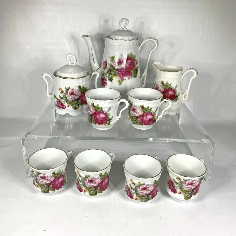 Miniature Cabbage Rose Tea Set Cream Sugar Pink Yellow Porcelain Cottage Core Vintage