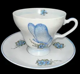 Blue Butterfly Tea Cup & Saucer Hand Painted Signed Annette Scroggs Gold Trim