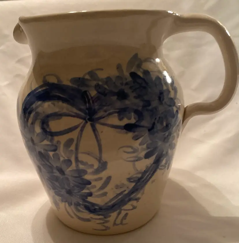 Casey Pottery Stoneware Pitcher w Cobalt Blue Heart Wreath Hand Painted Stamped