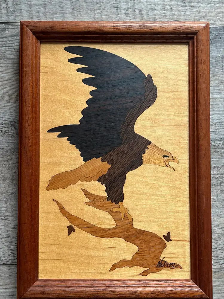 Jeff Nelson Hudson River Inlay Marquetry Wood Bald Eagle Picture 7x10 inch