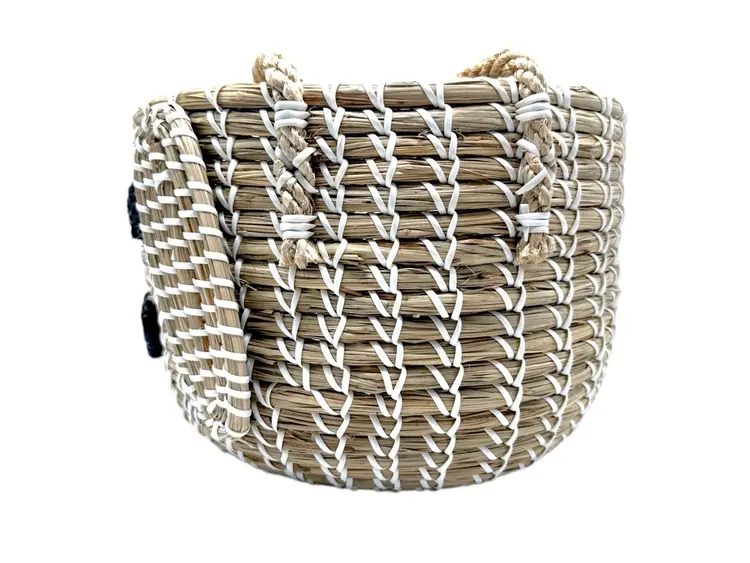 Handwoven Dog-Themed Basket With Handles - Natural Seagrass & White Detailing