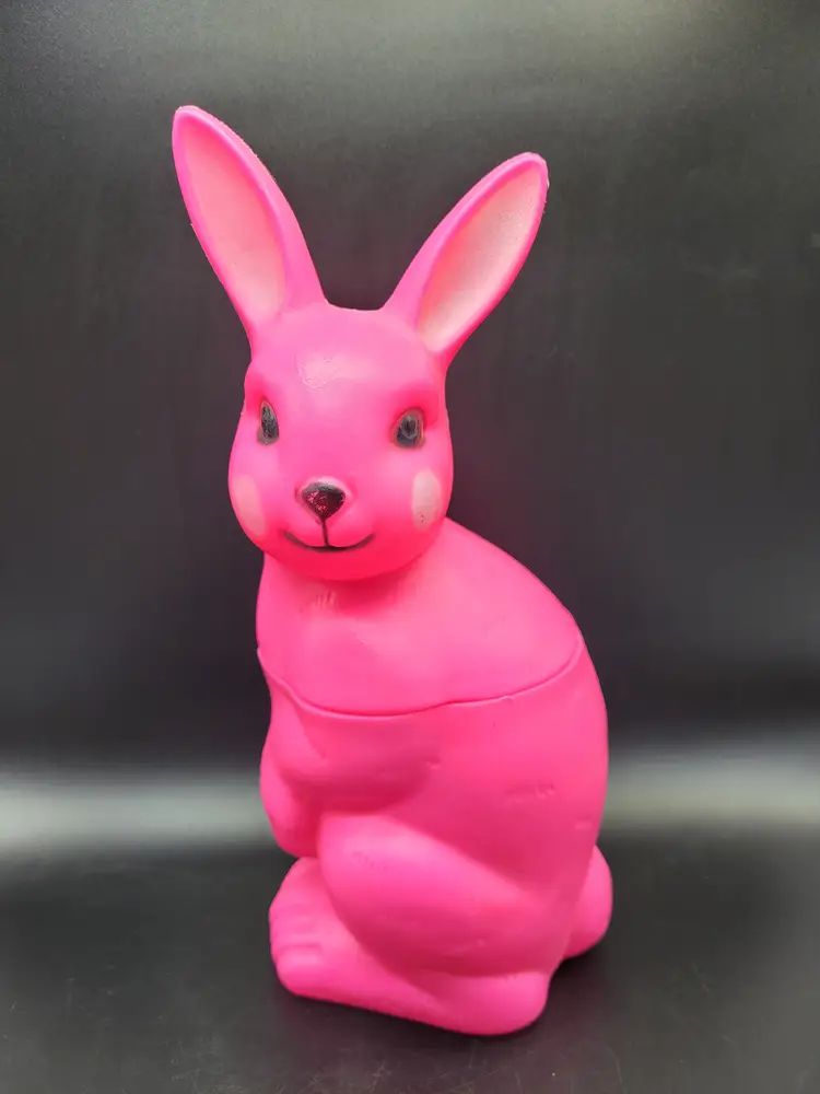 Vintage Easter Bunny Hot Pink Blow Mold Plastic Candy Container Rabbit