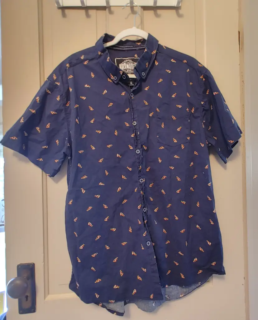 Men's Top- Brand: Five Point Industries. Size XL. Pizza slice navy button down shirt. 98% cotton, 2% spandex. No callouts.