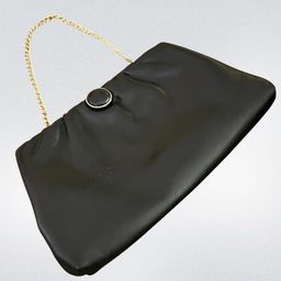 Vintage -Black Leather -Purse/Handbag/ Clutch- 9.5”x6.5” -5” Hang on Goldtone Chain - Goldtone Edge On Clasp