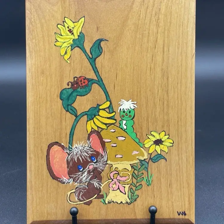 Set of 4 MCM Mouse Mushroom Flower Hand Painted Wood Plaques  Signed Vibrant Rare - Gift