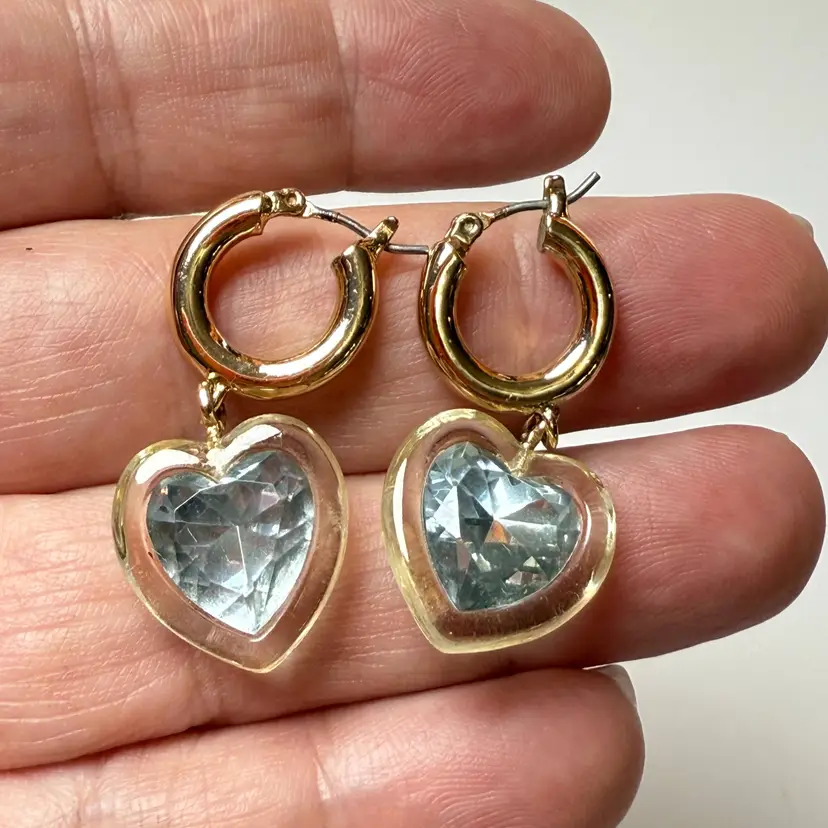 Betsey Johnson Gold Tone Acrylic Heart Small Huggie Hoop Earrings Blue Crystal