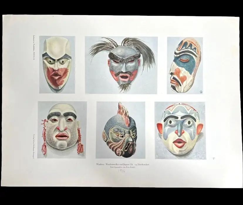 Antique Print 19th Century North America Japan Masks Dekorative Vorbilder XXVII