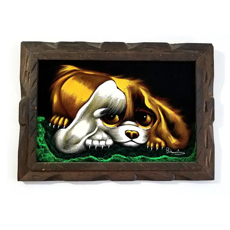 Vintage Big Eyed Sad Puppy Velvet Painting in Rustic Wooden Frame, Signed