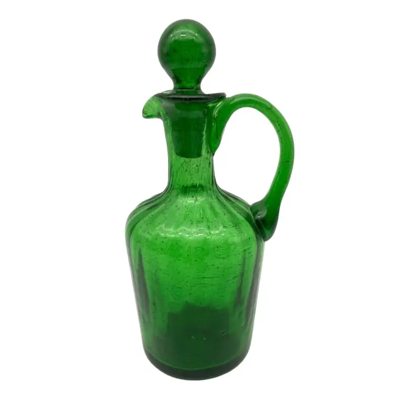 BIN - Vintage Green Pilgrim (Westmoreland?) Glass Cruet With Stopper - Slight GLOW