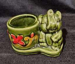 Vintage Dark Green Elephant Succulent Planter Lucky Trunk Up Red Yellow Flowers