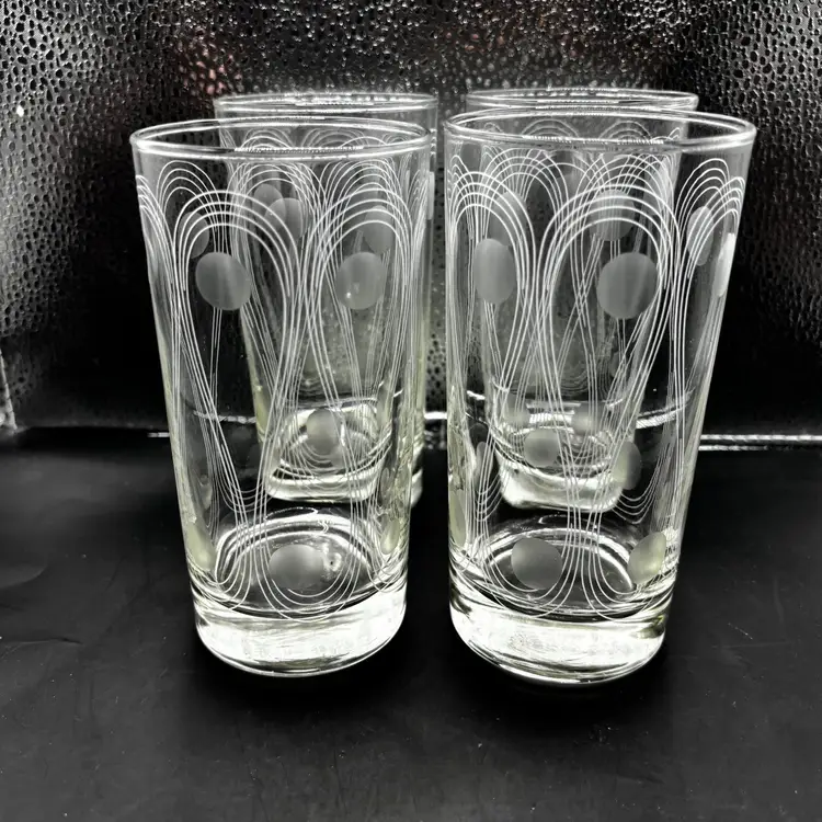 4 Libbey Glasses White Swirls & Frosted Dots 5-1/2" MCM Highballs Art Deco