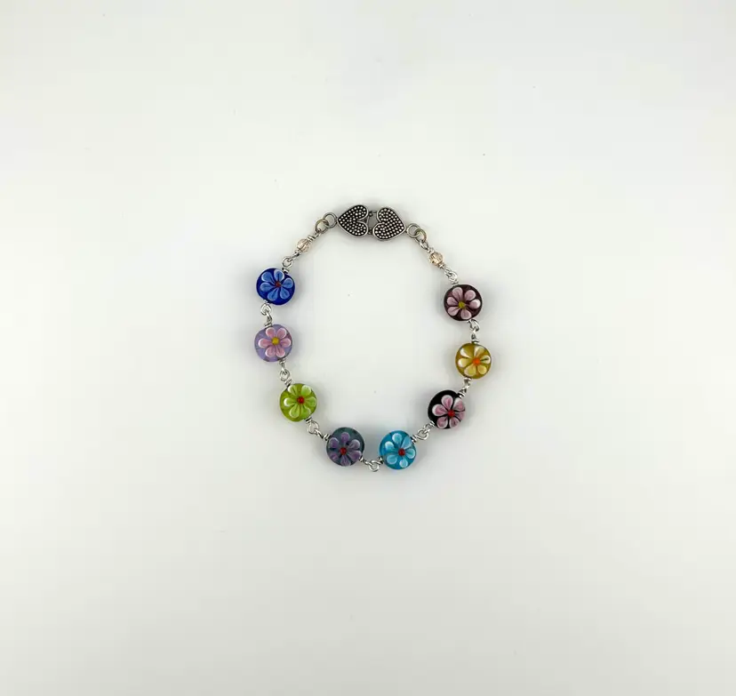 Upcycled Glass Bead and Sterling Silver Bracelet 7.25”