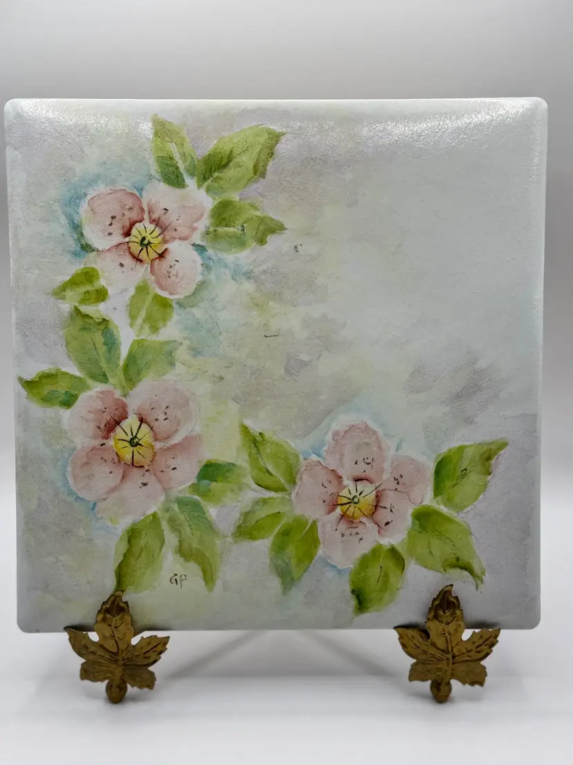 Vintage Flowers Hand Painted On Ceramic Tiles, Signed By GP, Unbranded, Set Of 3