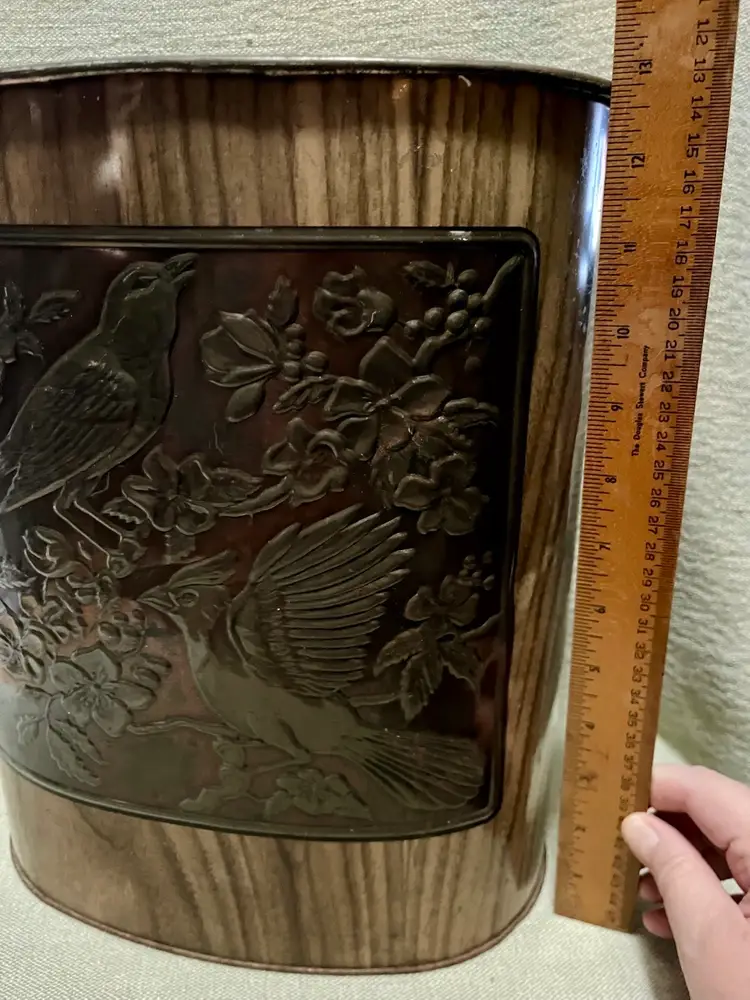 Metal Oval Trash Can Blue Jay Bird Copper Relief Faux Wood Rolled Top Weibro Vtg
