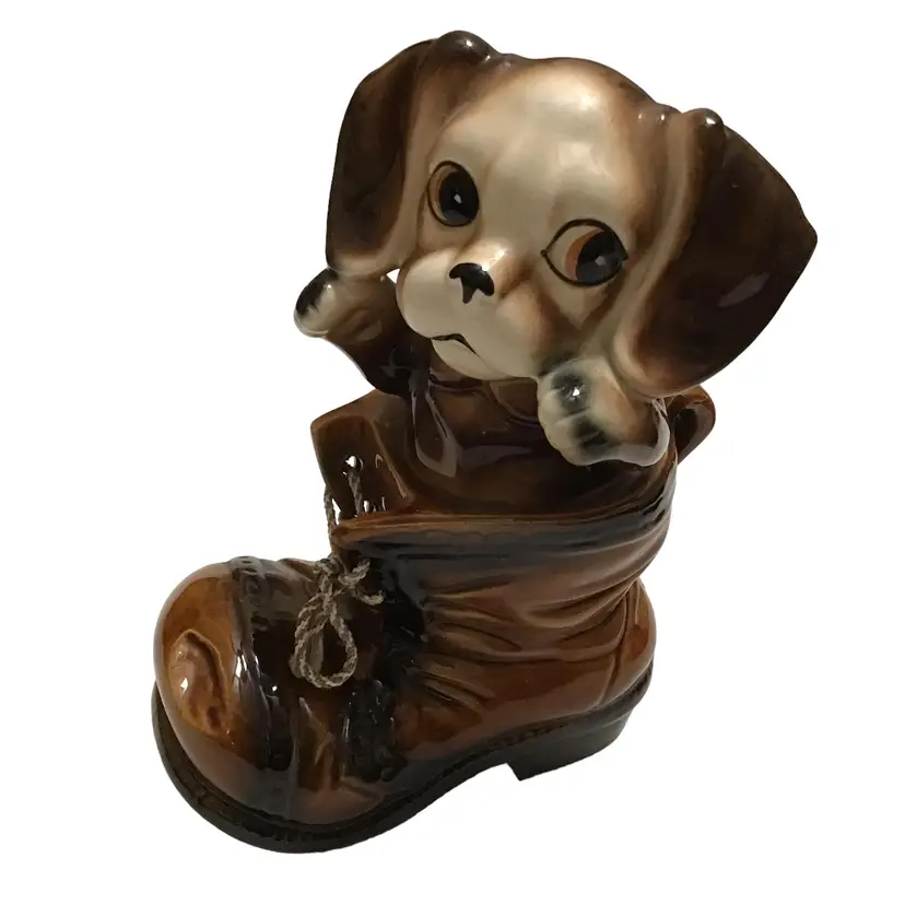 Vintage Japan Puppy Dog In Boot Coin Bank MCM 1950s 1960s No Stopper 7.75"x5.5"