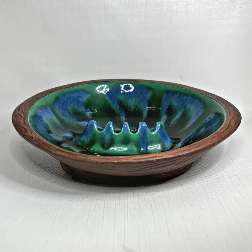Vintage Green Blue Ashtray Made USA Pottery California Mid Century Modern Vintage