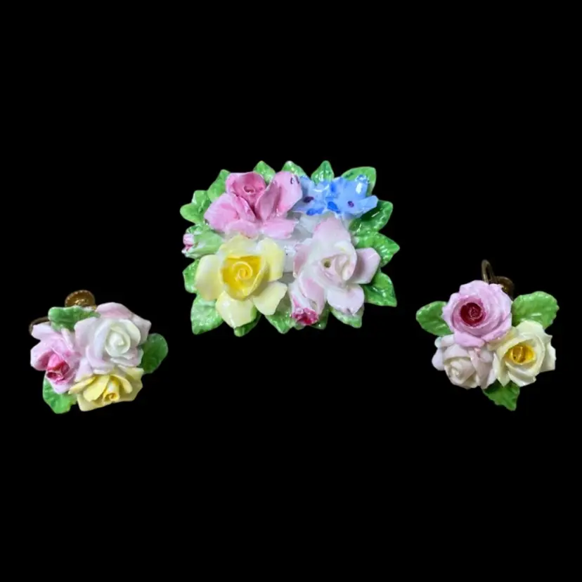 Royal Adderley Bone China Floral Brooch & Clip On Earring Set - England AS IS