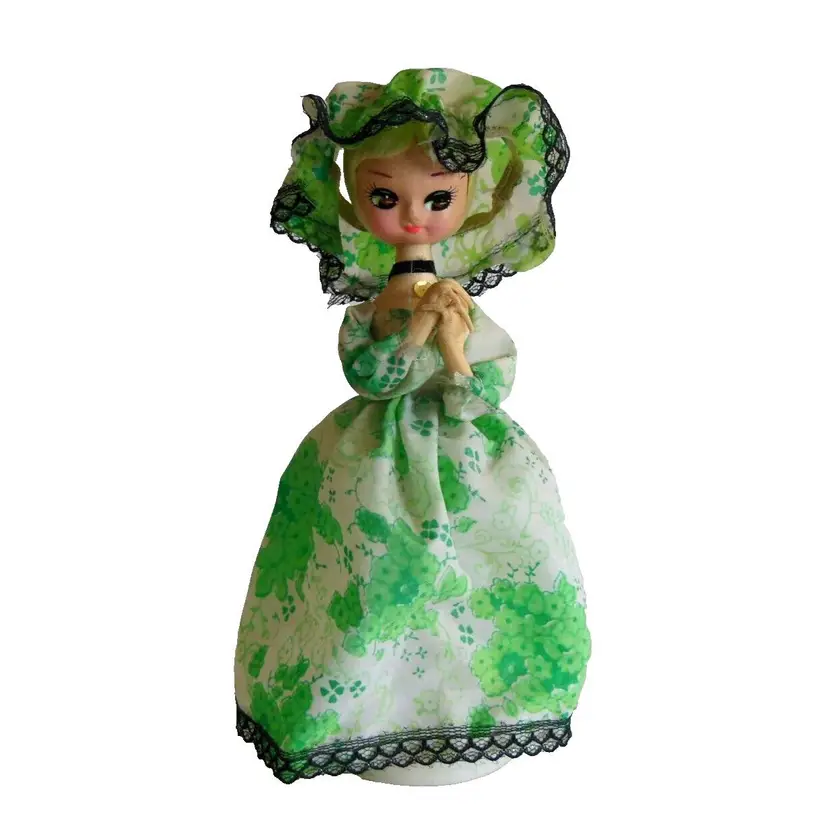 Bradley Doll on Stand, Vintage 1970s Blonde Green, White Blk Lace Dress, 9"