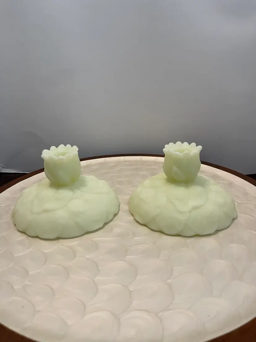 Fenton Uranium Custard Candle Holder Pair