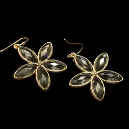 Gold Tone Pierced Flower Earrings With Large Black Rhinestones