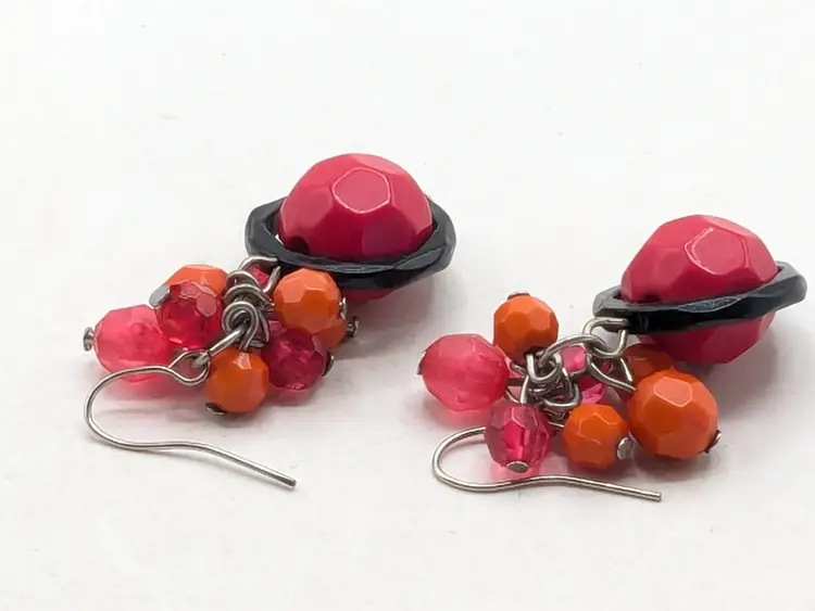 Vintage Acrylic Pink and Orange Beaded Dangle Earrings