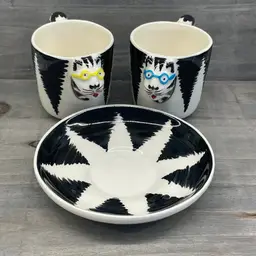 Vintage Tom Hatton Signed Ceramic Striped Cat Teacups Saucer Set 1985 Espresso