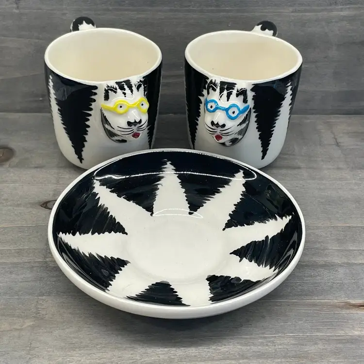 Vintage Tom Hatton Signed Ceramic Striped Cat Teacups Saucer Set 1985 Espresso