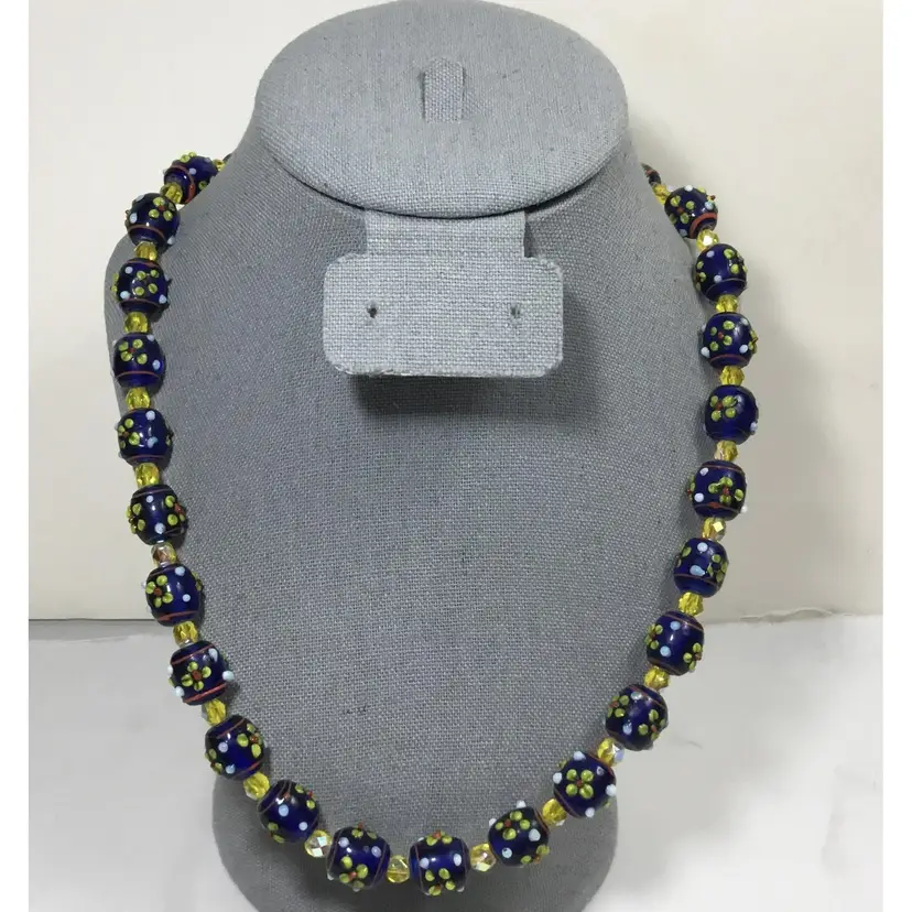 Summery, Artisan-made lamp work beaded necklace, 24" yellow and blue