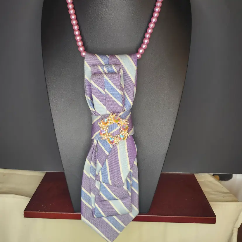 Upcycled Vintage Tie Necklace with Brooch Accent
