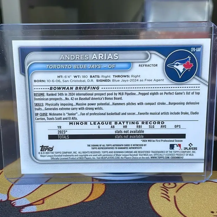 Andres Arias 2024 Bowman Chrome 1st Auto 443/499 - Toronto Blue Jays