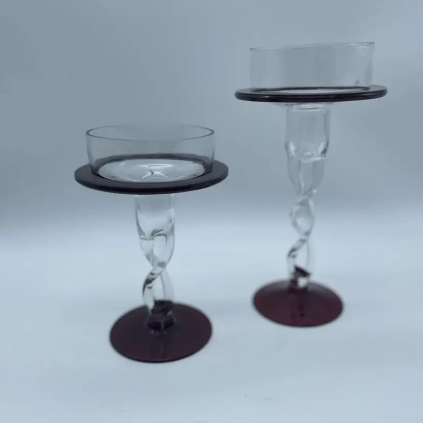VINTAGE 2 RED/CLEAR GLASS CANDLE HOLDER SWIRL TWISTED STEM 8" & 6” TALL