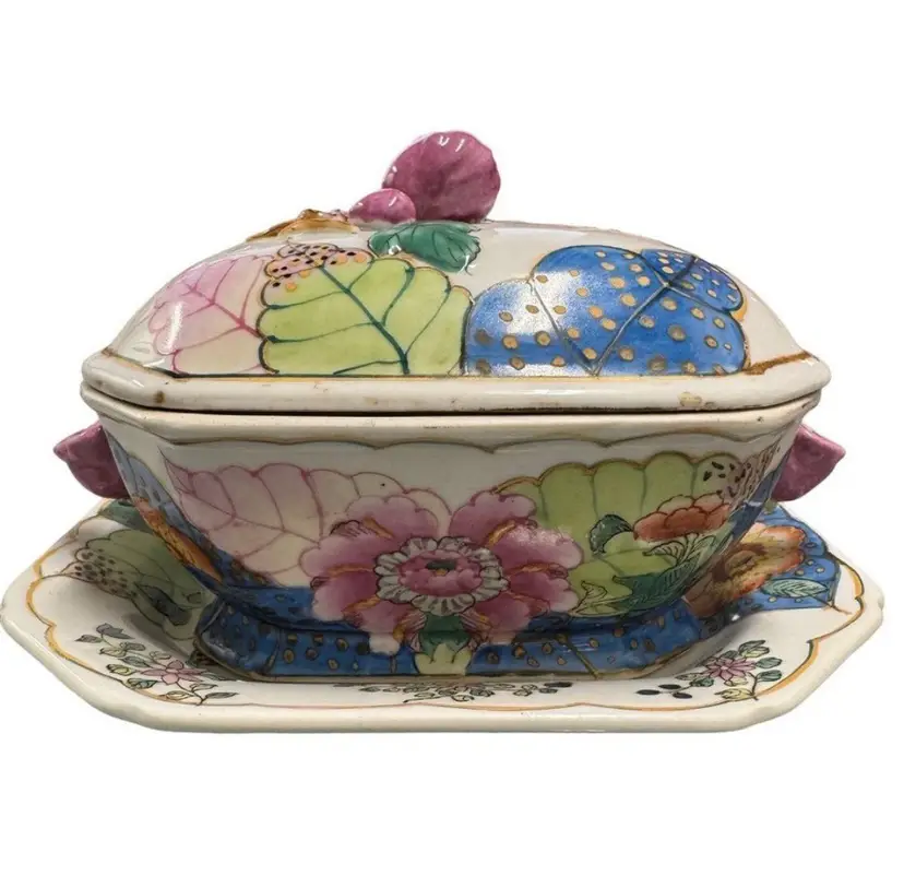 Vintage 1950s Chinese Tobacco Leaf Soup Tureen w/Lid and Under Plate