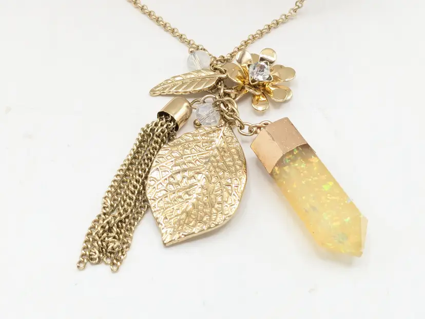 Gold Tone Chain Necklace with Crystal Flower Tassel Leaf Charms