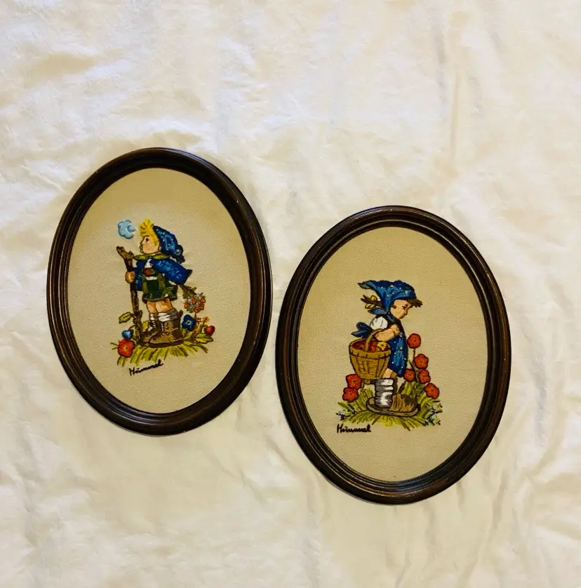 Vintage Hummel Embroidery Crewel Framed Boy and Girl CottageCore Mid Century Farmhouse Classic