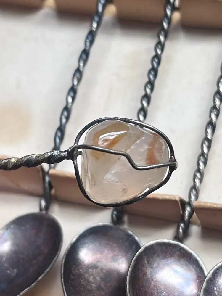 Vintage Demitasse Spoon Set 6 
Polished natural stone delicate twisted silver metal 4.5” espresso size