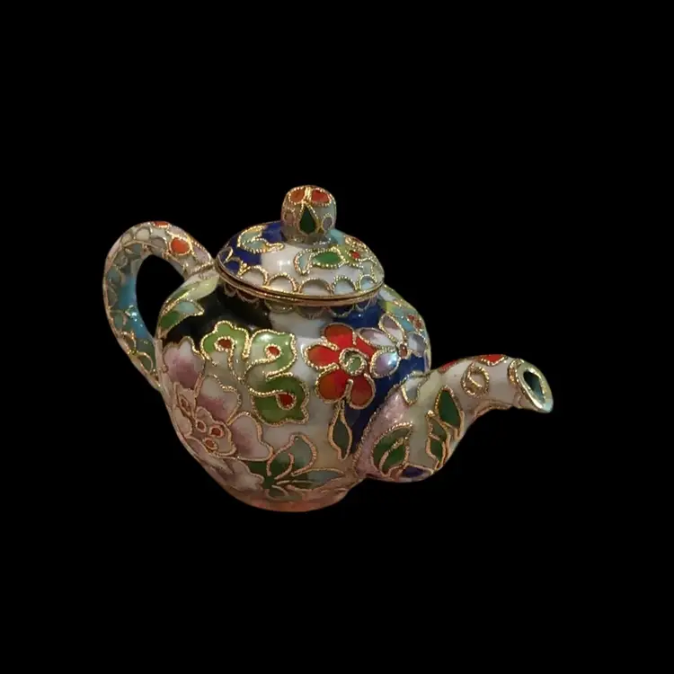 #01 Beautiful Vintage Enamel Cloisonné Ornamental Miniature Teapot. Multi Color Floral Flower Designs. Made In China .