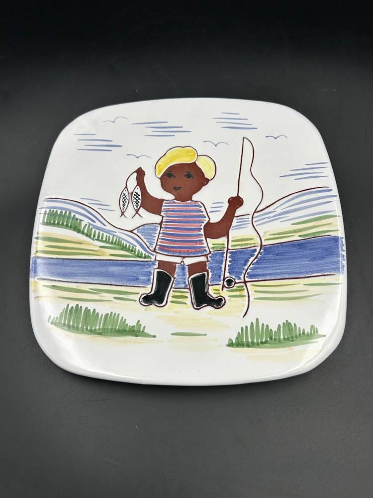 Vintage Norwegian, ceramic wall plaque Boy Fishing Norway