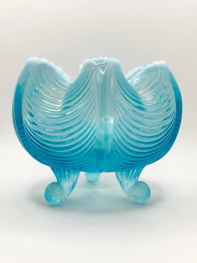 Fenton Blue Opalescent Curtain/Draped Footed Rose Bowl