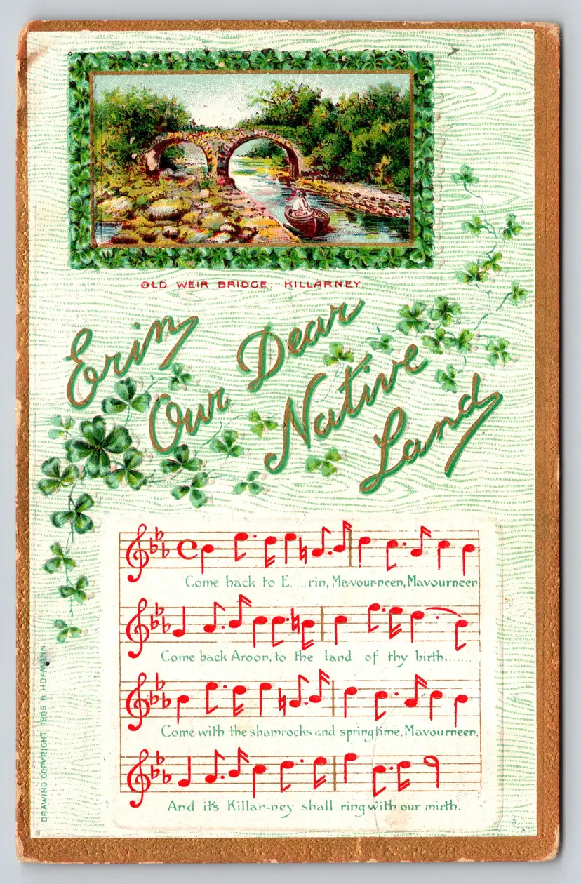 Postcard Erin Our Dear Native Land Old Weir Music Notes Bridge Killarney Ireland St Patrick's Day