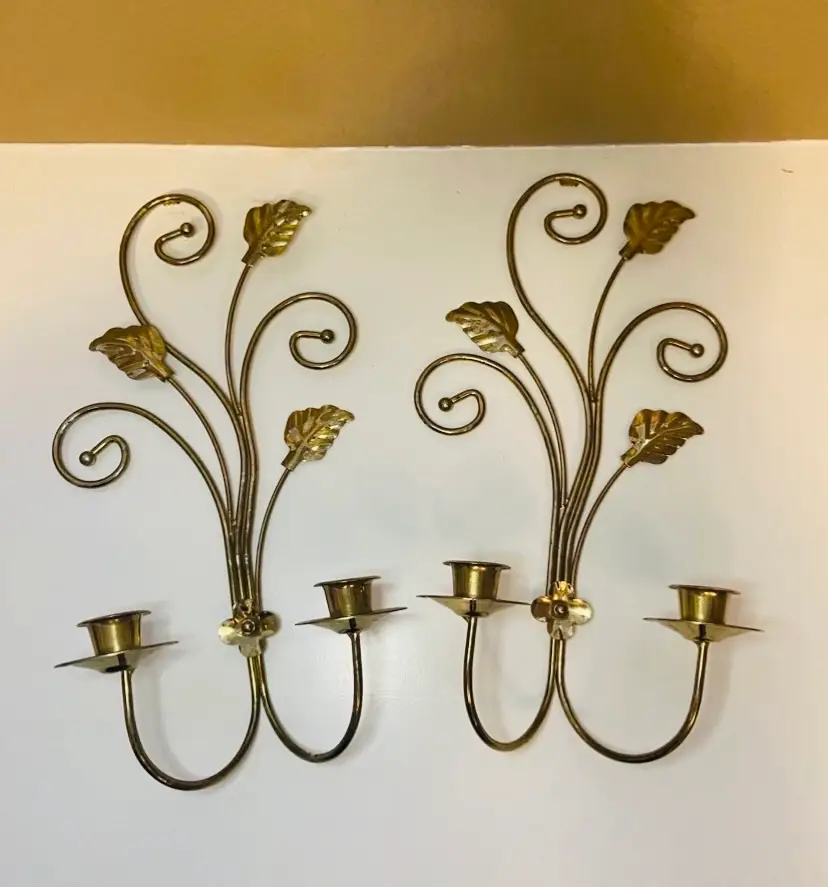 Vintage Pair of Home Interiors Metal Gold Tone Double Candle Sconces Scroll and Leaf Design Hollywood Regency Glam Mid Century